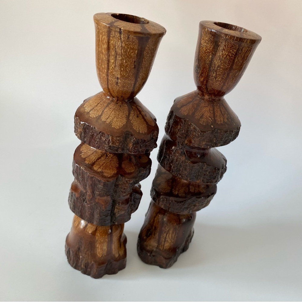 Brutalist Carved Wood Candlesticks Candle Holders